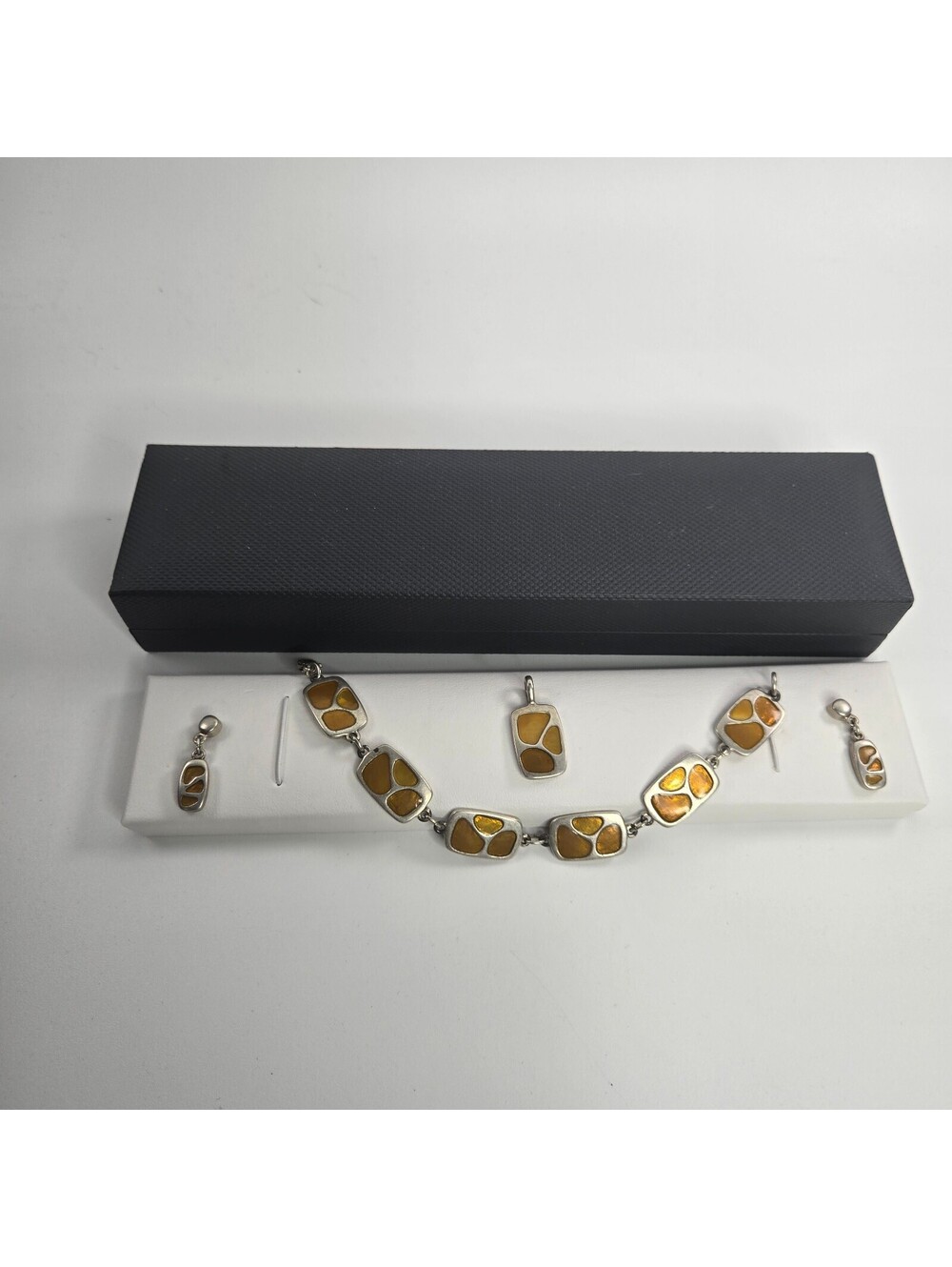 Vintage Amber Yellow Enamel Silver Tone Jewelry Set Bracelet Earrings Pendant